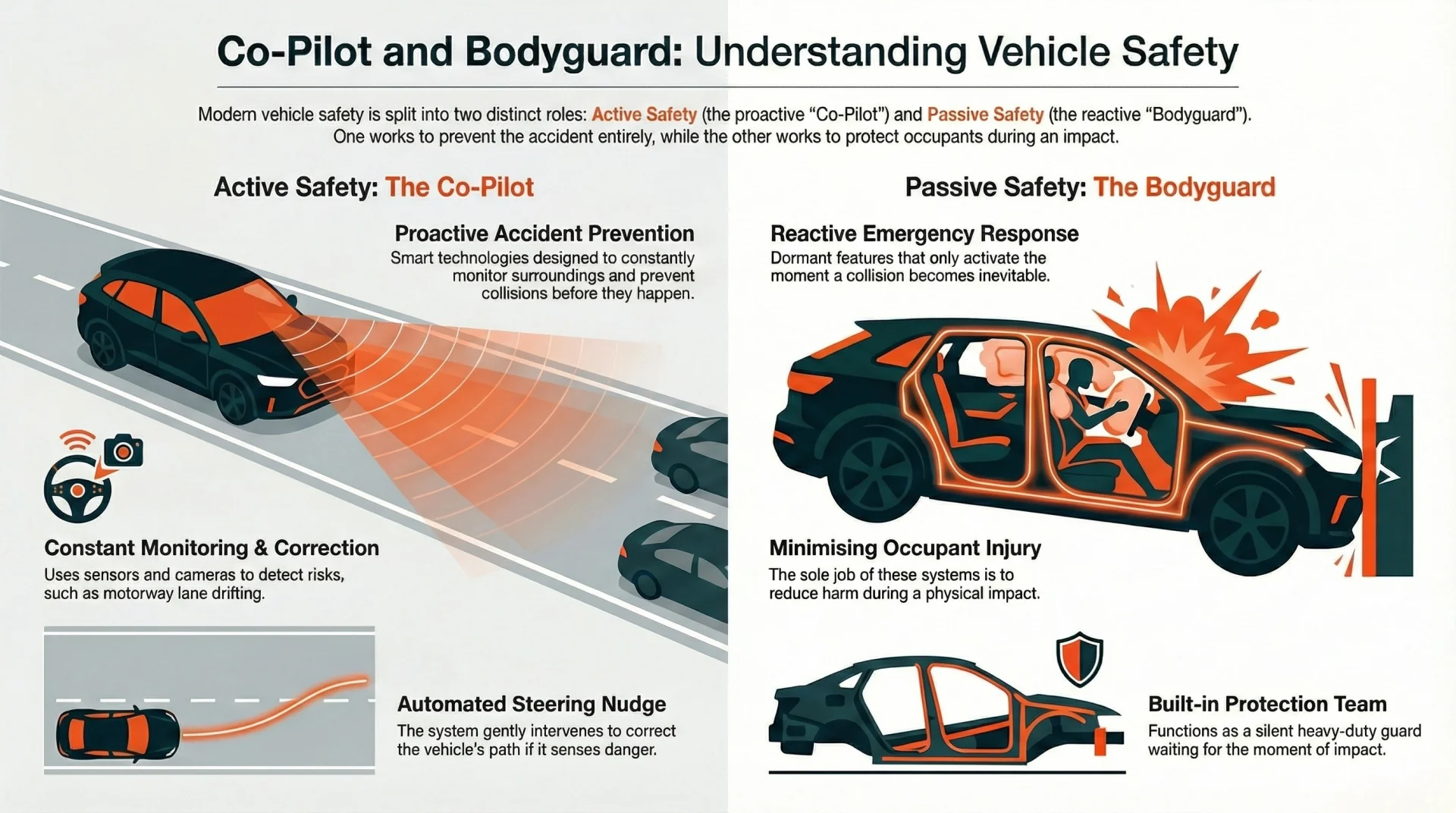 An Infographic showing Active and Passive Safety Features for a car
