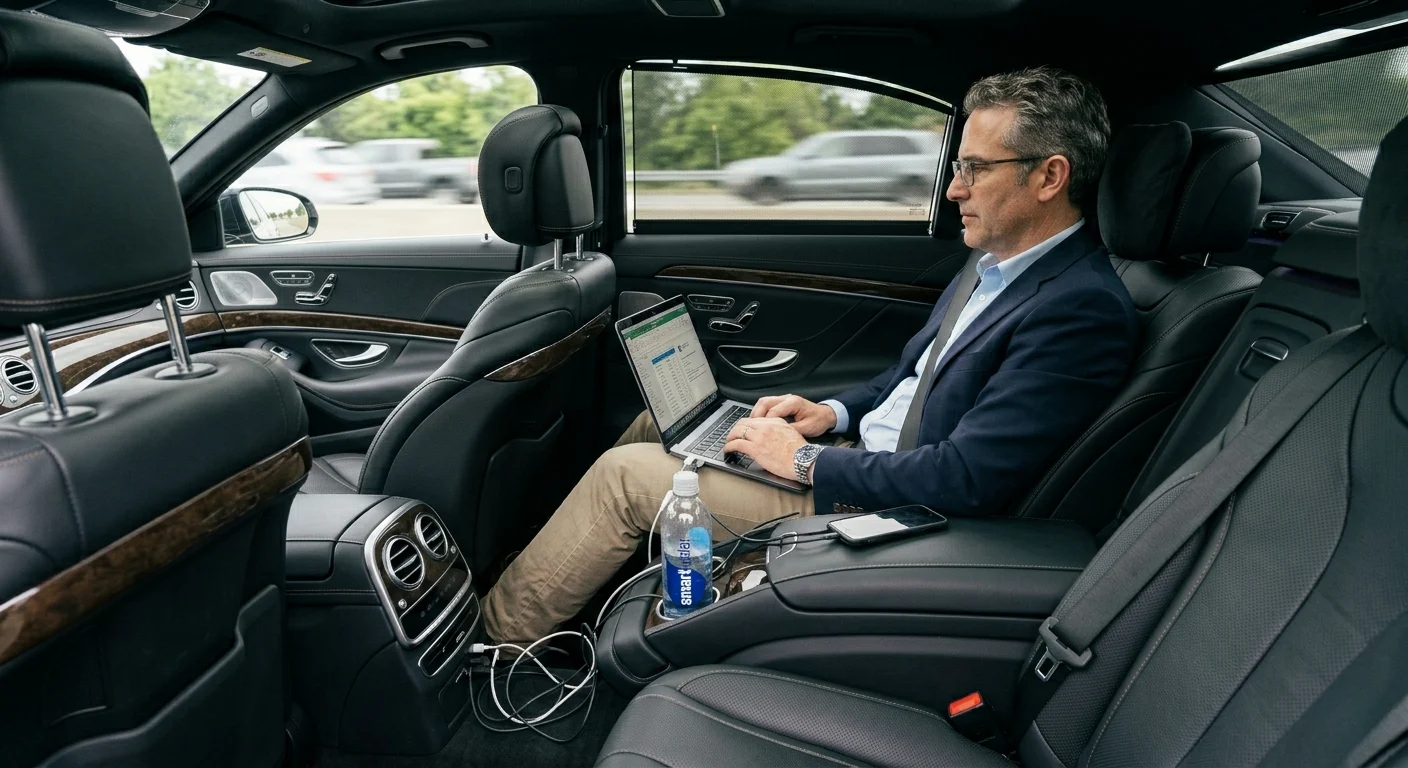 Interior of a luxury corporate chauffeur vehicle showing a business person working on a laptop in a quiet cabin.